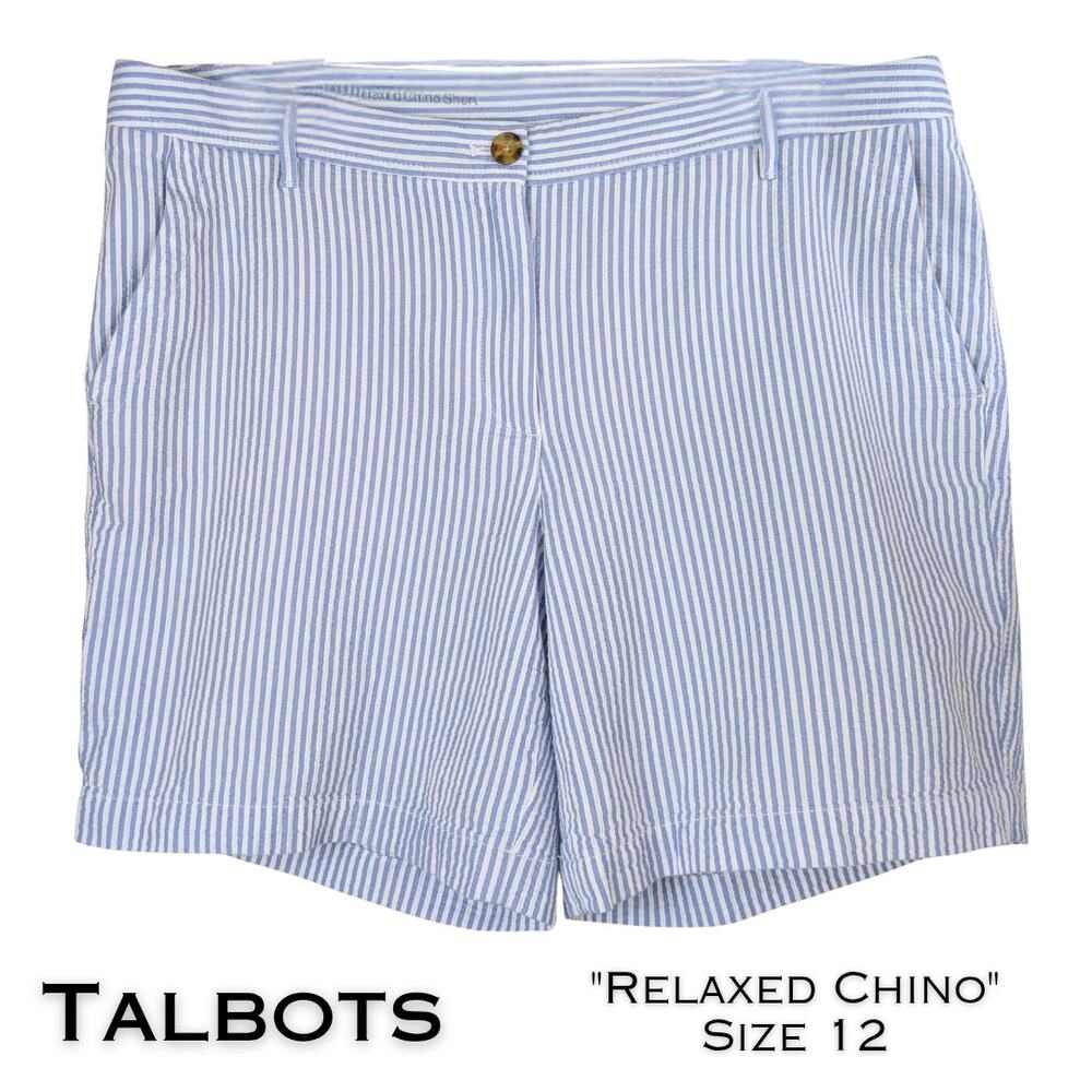 Talbots "Relaxed Chino" Shorts 12 Blue White Striped 100% Cotton Preppy Coastal
